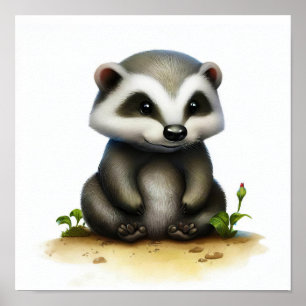 A 3D Rendered Watercolor Image of a Badger Poster