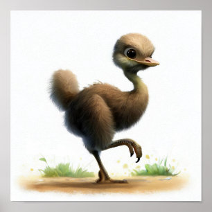 A 3D Rendered Watercolor Painting of a Cute Emu Poster