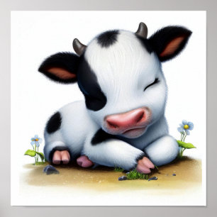 A 3D Watercolor Image of a Young Holstein Cow Poster
