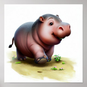 A 3D Watercolor Painting of a Cute Hippopotamus Poster