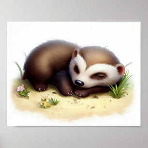 A 3D Watercolor Painting of a Cute Honey Badger Poster
