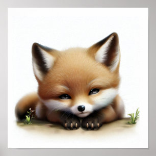 A 3D Watercolor Painting of a Cute Young Fox Poster