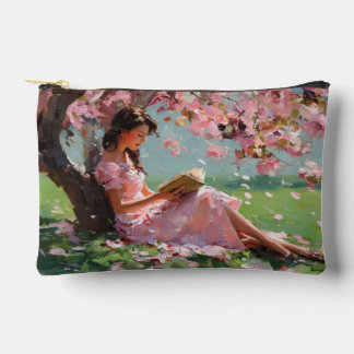 À Accessoires Pochette Fille lisant sous les fleurs de cerisier
