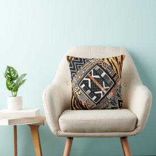 A African Graphic Collage Motif Throw Pillow