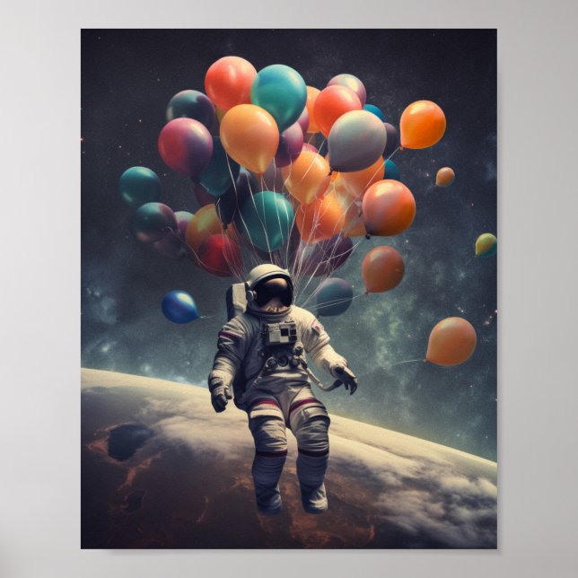 A Astronaut Floating in the Air with Balloons Poster (Front)