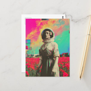 A astronaut in a poppy field glitch  postcard