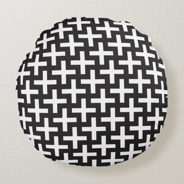 A b&w patterns made with 'plus' sign round pillow (Front)