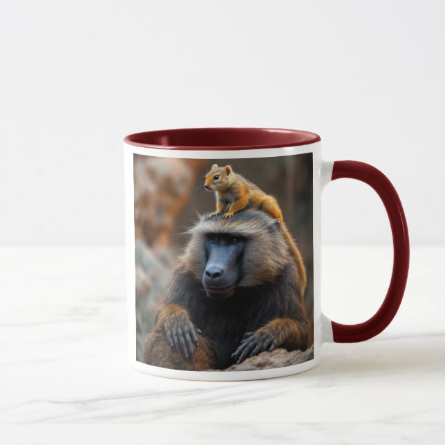 A baboon with a squirrel on his head. mug (Right)