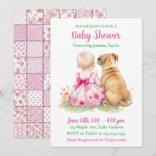 A Baby and Her Dog   Girl's Pink Baby Shower Invitation