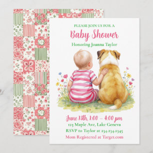A Baby and Her Dog   Girl's Pink Baby Shower Invitation