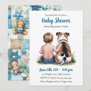 A Baby Boy and his Bulldog   Blue Baby Shower Invitation
