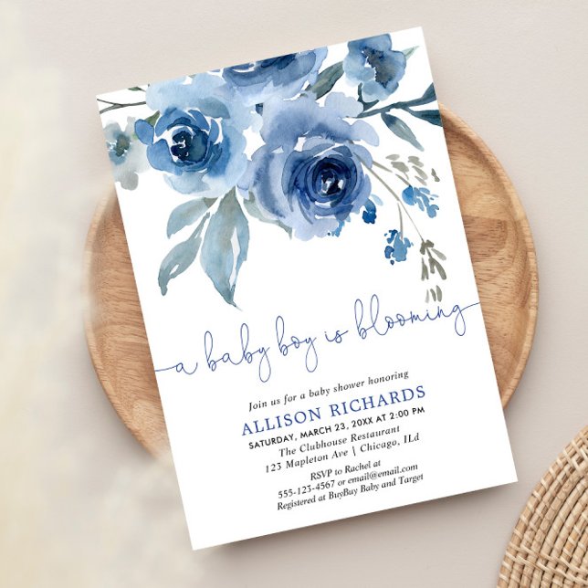 A baby boy is blooming navy blue baby shower invitation (Creator Uploaded)