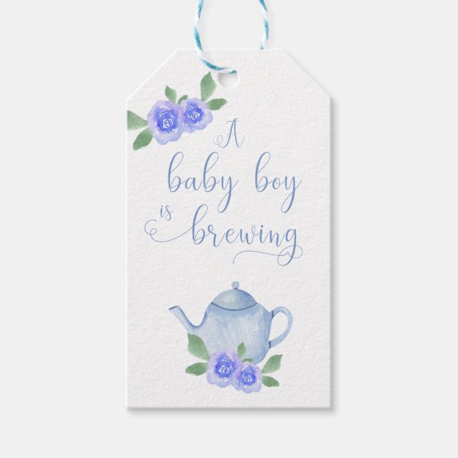 A Baby Boy is Brewing Blue Teapot and Flowers Gift Tags (Front)