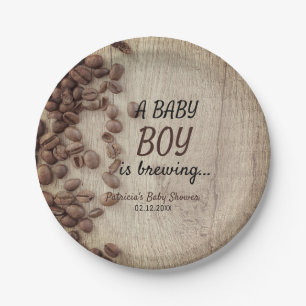A Baby Boy Is Brewing Rustic Coffee Baby Shower Paper Plate