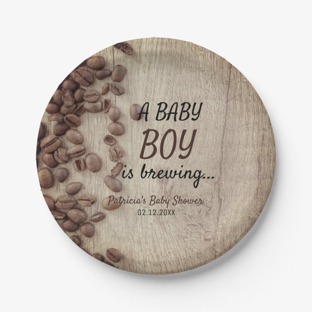 A Baby Boy Is Brewing Rustic Coffee Baby Shower Paper Plate (Front)
