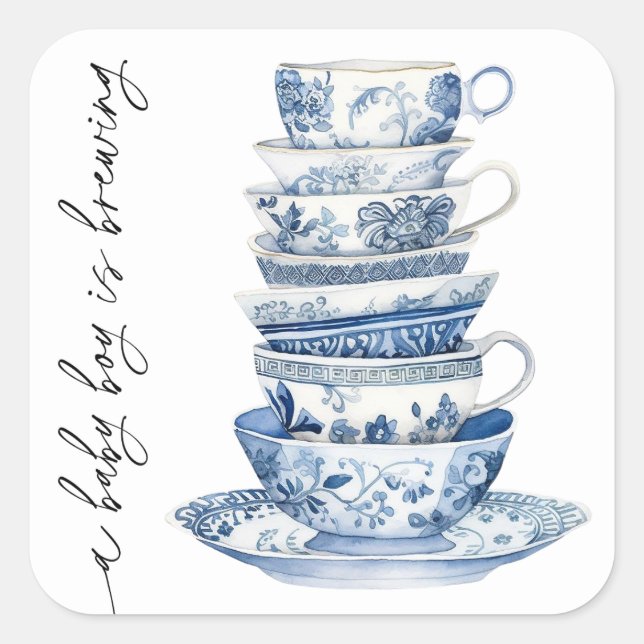 A Baby Boy is Brewing Tea Party Baby Shower Square Sticker (Front)