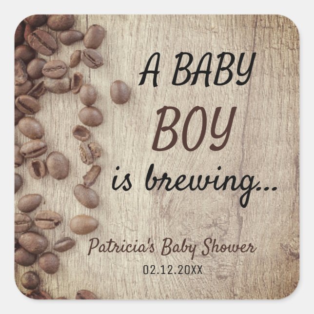 A Baby Boy Is Brewing Wood  Coffee Baby Shower Square Sticker (Front)
