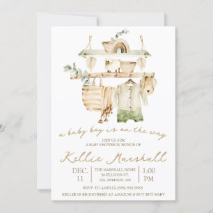 A Baby Boy is on the Way! Clothesline Baby Shower Invitation