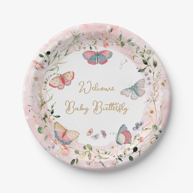 A Baby Butterfly Is On Her Way Baby Shower Paper Plate (Front)