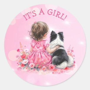 A Baby Girl and her Dog   It's a Girl Baby Shower  Classic Round Sticker