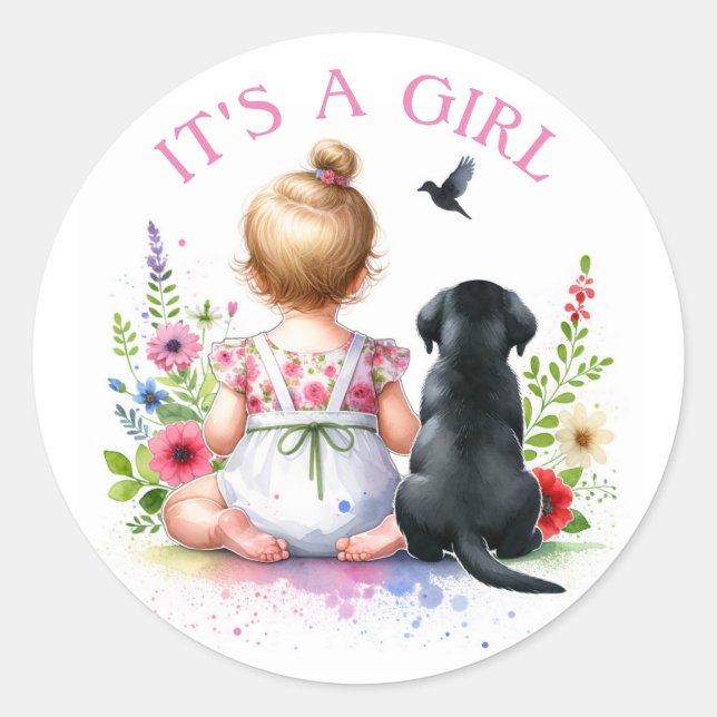 A Baby Girl and her Puppy | It's a Girl Classic Round Sticker (Front)