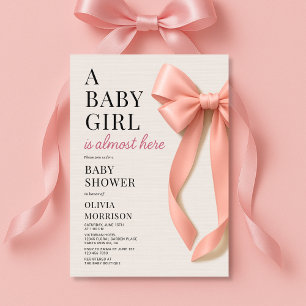 A Baby Girl is Almost Here Pink Bow Baby Shower Invitation