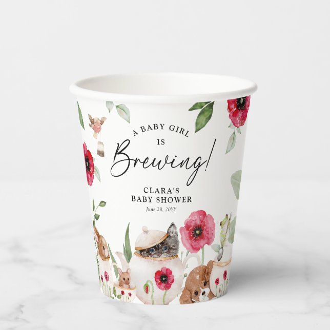 'A Baby Girl is Brewing' Afternoon Tea Baby Shower Paper Cups (Front)