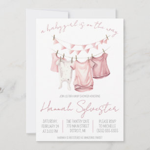 A Baby Girl is on the Way! Clothesline Baby Shower Invitation