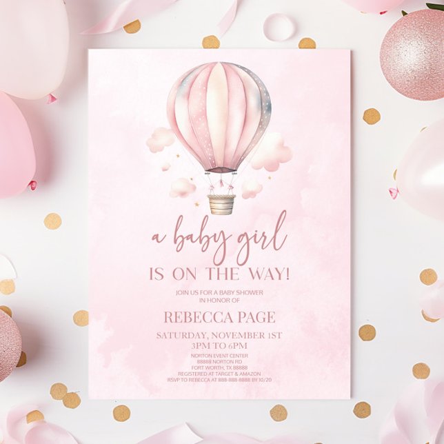 A Baby Girl Pink Hot Air Balloon Baby Shower Invitation (Creator Uploaded)