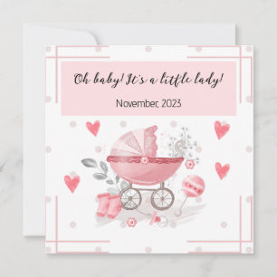 A baby girl stroller & hearts with lovely message invitation