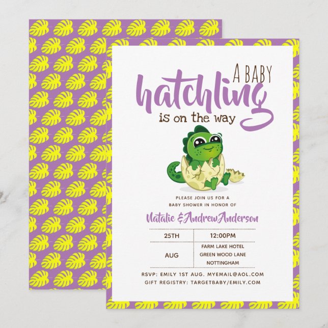 A Baby Hatchling On The Way Dinosaur Cute Purple Invitation (Front/Back)