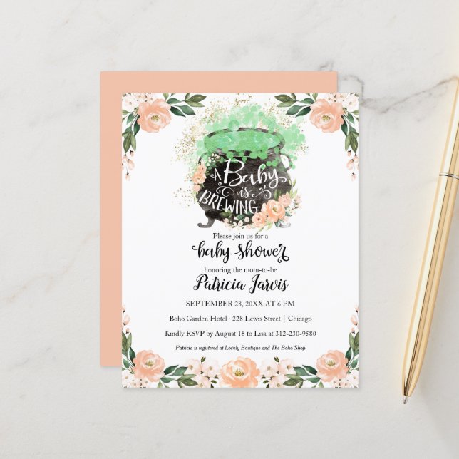 A Baby Is Brewing Baby Shower Budget Invitation (Front/Back In Situ)