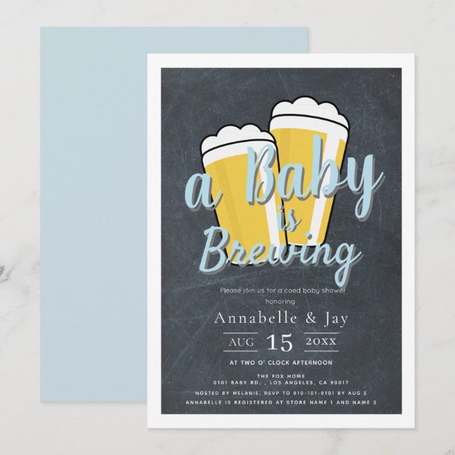 A Baby is Brewing Beer Co-ed Blue Baby Shower Invitation (Front/Back)