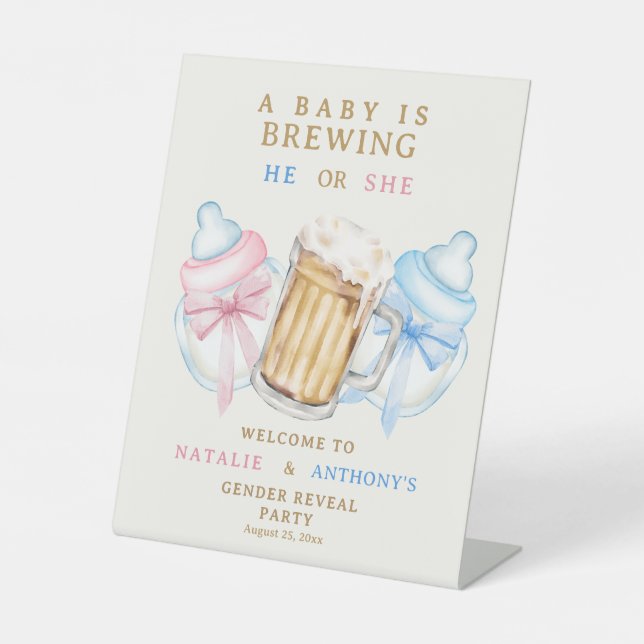 A Baby is Brewing Beer Gender Reveal Welcome Pedestal Sign (Front)