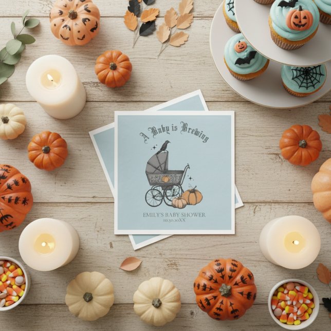 A Baby is Brewing Blue Baby Shower Napkin (Spooky Blue Vintage Baby Carriage Halloween Boy Baby Shower Napkins. Gothic Black Raven and Pumpkins)