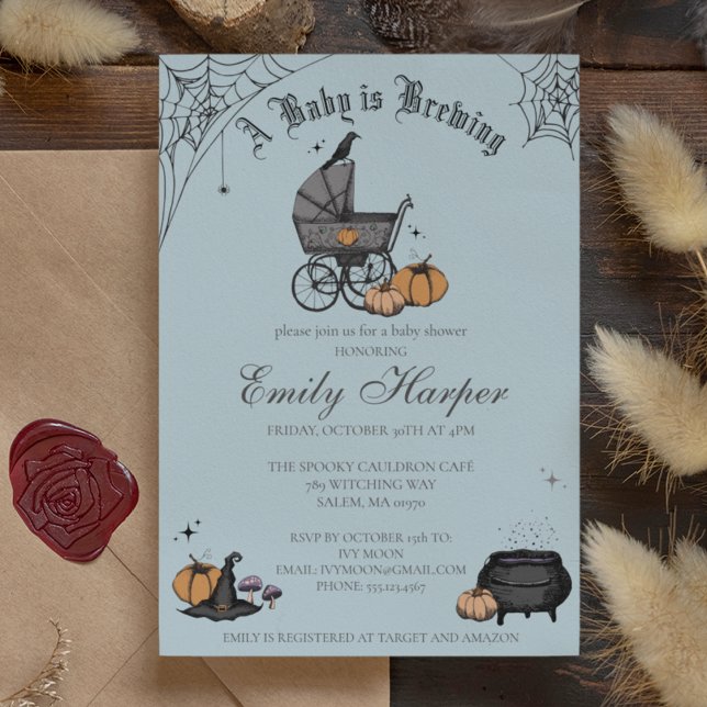 A Baby is Brewing Blue Boy Baby Shower Invitation (Gothic Halloween Baby Shower Invitation. Hand Drawn Vintage Baby Carriage, Raven, Witch Hat, Pumpkin)