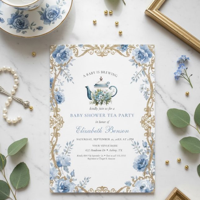 A Baby Is Brewing Blue Floral Shower Invitation (Creator Uploaded)