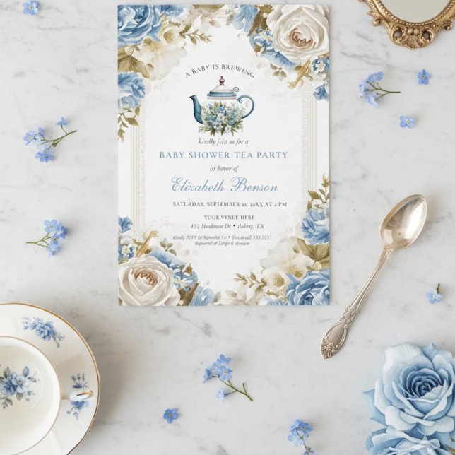 A Baby Is Brewing Blue Floral Shower Invitation (Creator Uploaded)
