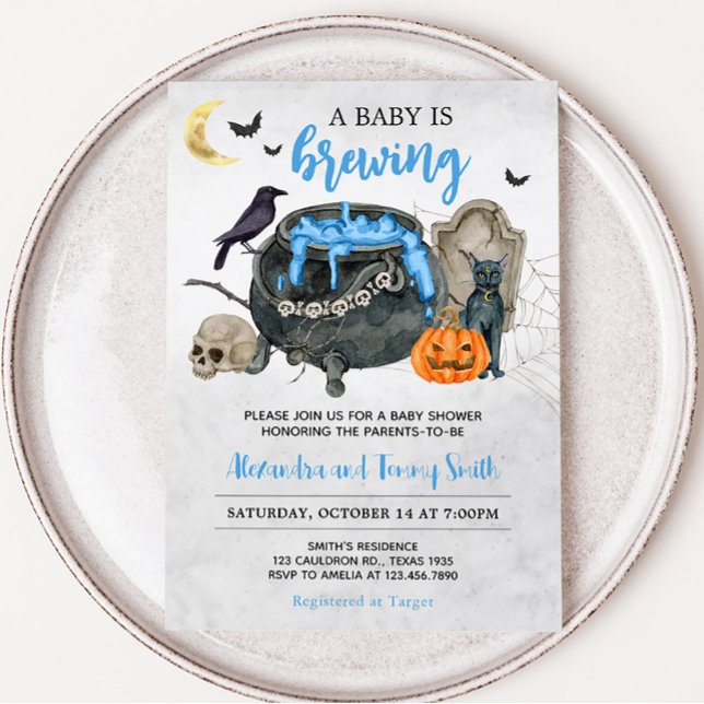 A Baby is Brewing Blue Halloween Baby Shower Invitation (Baby is Brewing Baby Shower Baby Shower Invitation)