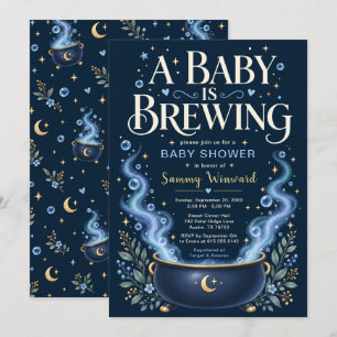 A Baby Is Brewing Blue Witchy Baby Shower Invitation