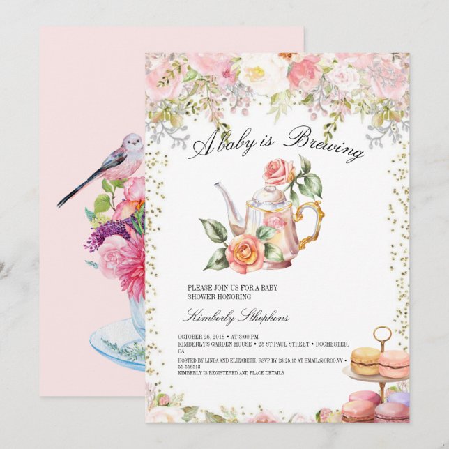 A Baby is Brewing Blush Flower Baby Shower Tea Invitation (Front/Back)