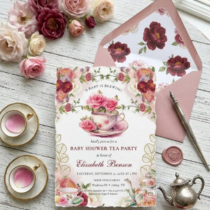 A Baby is Brewing Blush Flower Baby Shower Tea Invitation