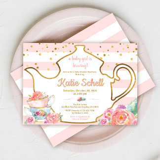 A Baby is Brewing Blush Flower Baby Shower Tea Invitation