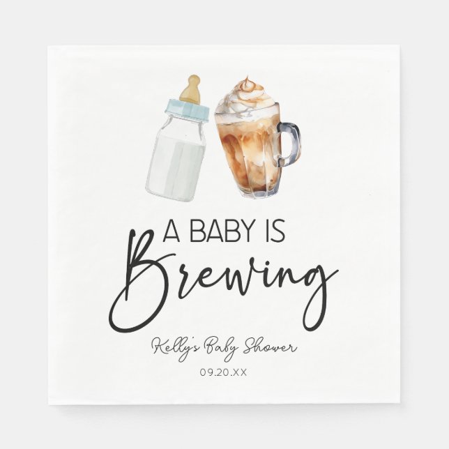 A Baby Is Brewing Bottle Coffee Glass Baby Shower Napkin (Front)
