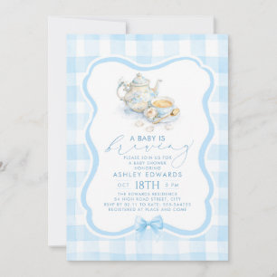 A Baby is Brewing Boy Baby Shower Blue Tea Party Invitation