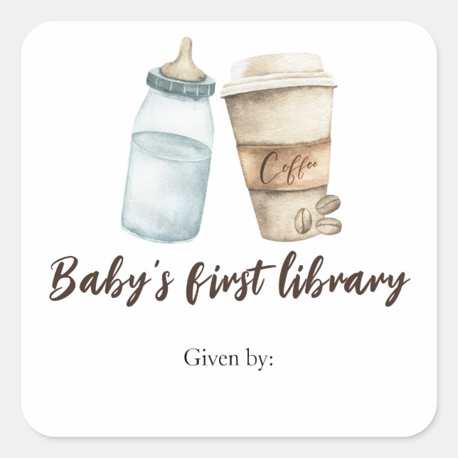 A baby is brewing coffee - baby's first library square sticker (Front)