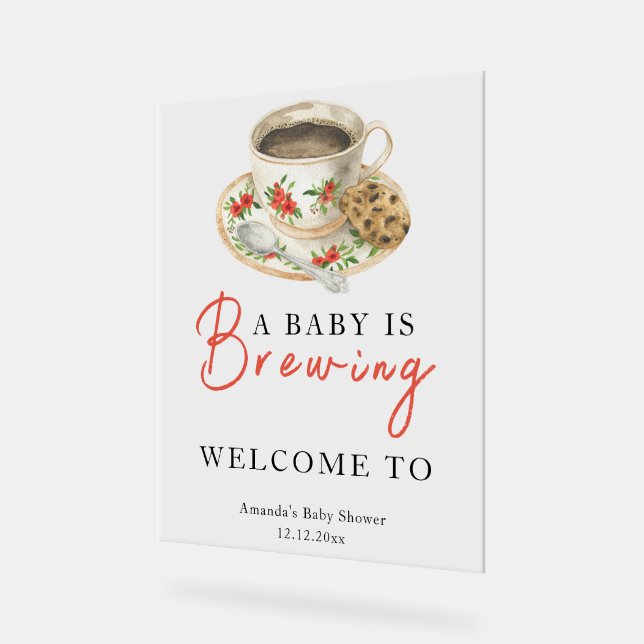 A baby is brewing coffee cup baby shower acrylic sign (Angle)