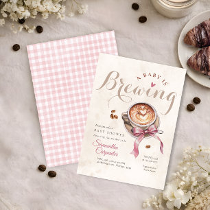 A baby is brewing coffee pink bow baby shower invitation