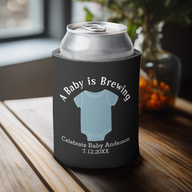 A Baby is Brewing - Couples Shower Favour Blue Boy Can Cooler (Baby Shower Favor - Personalized Can Cooler for a Couple's Shower - A Baby is Brewing)