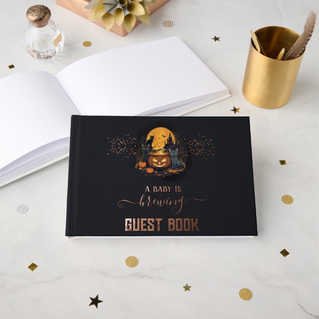 A Baby Is Brewing Cute Halloween Baby Shower Foil  Guest Book (Front Open)